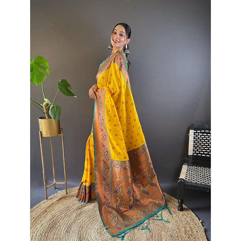 Odette Women Yellow Woven Design Silk Blend Saree with Unstitched Blouse