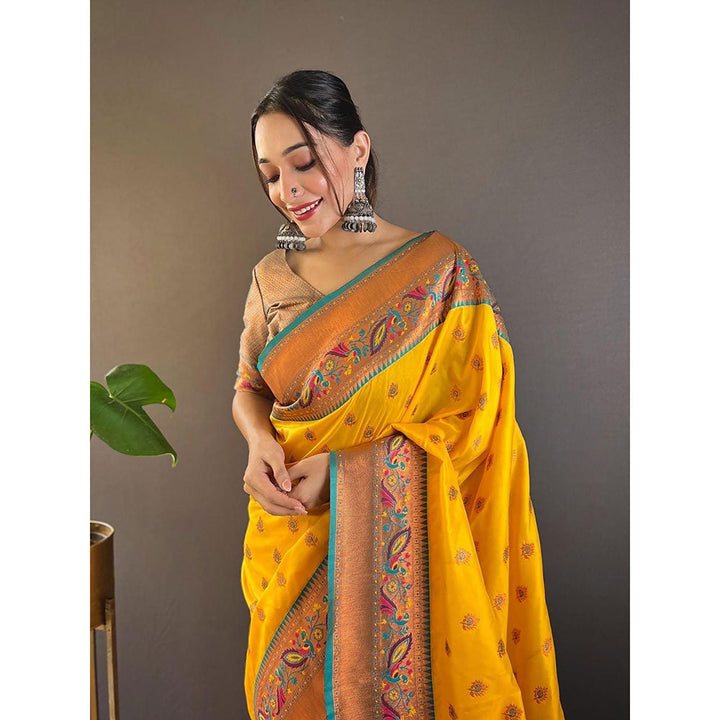 Odette Women Yellow Woven Design Silk Blend Saree with Unstitched Blouse