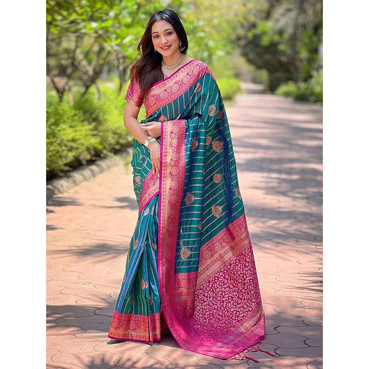 Odette Women Teal Woven Design Soft Silk Saree with Unstitched Blouse