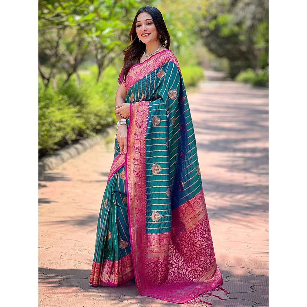 Odette Women Teal Woven Design Soft Silk Saree with Unstitched Blouse