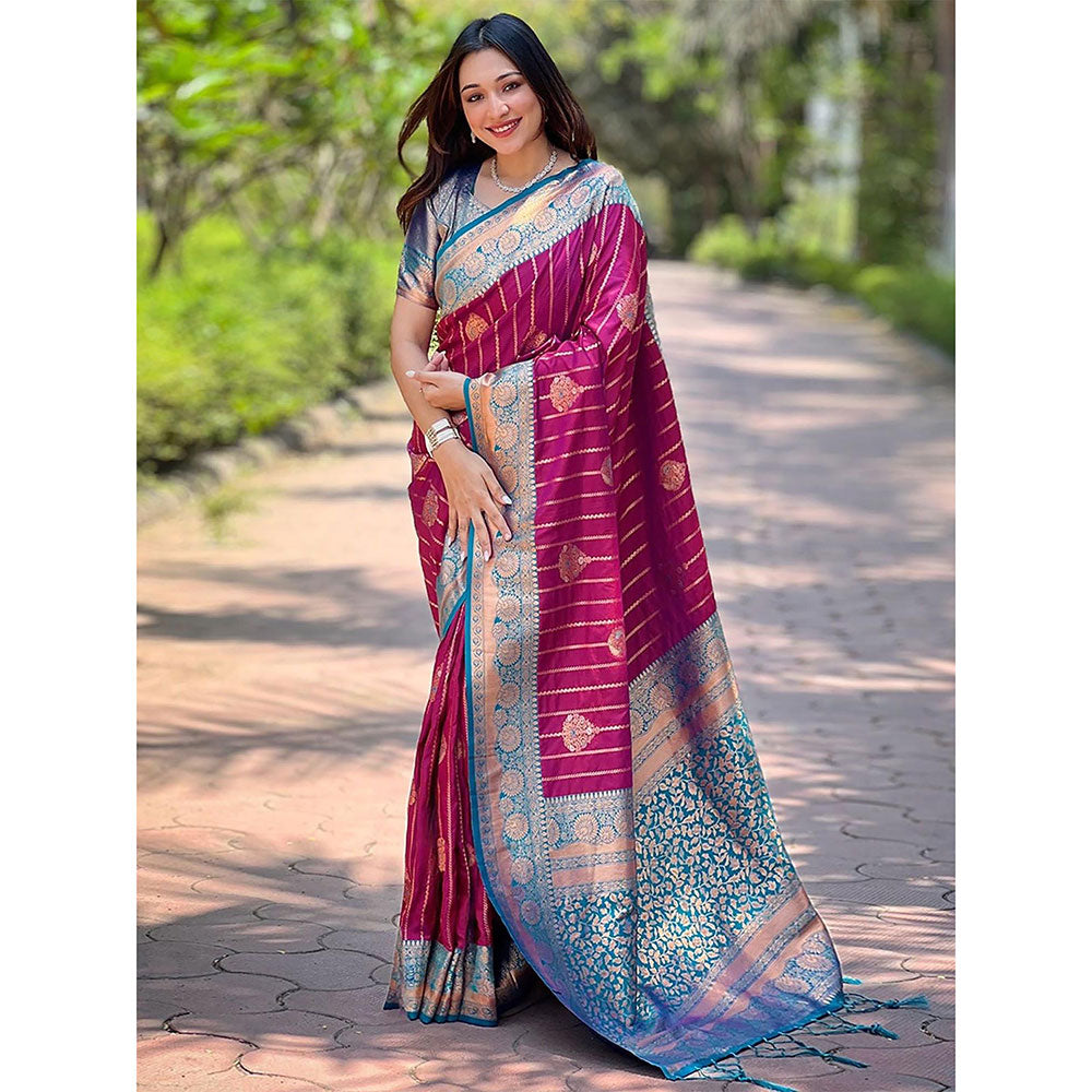 Odette Women Wine Woven Design Soft Silk Saree with Unstitched Blouse