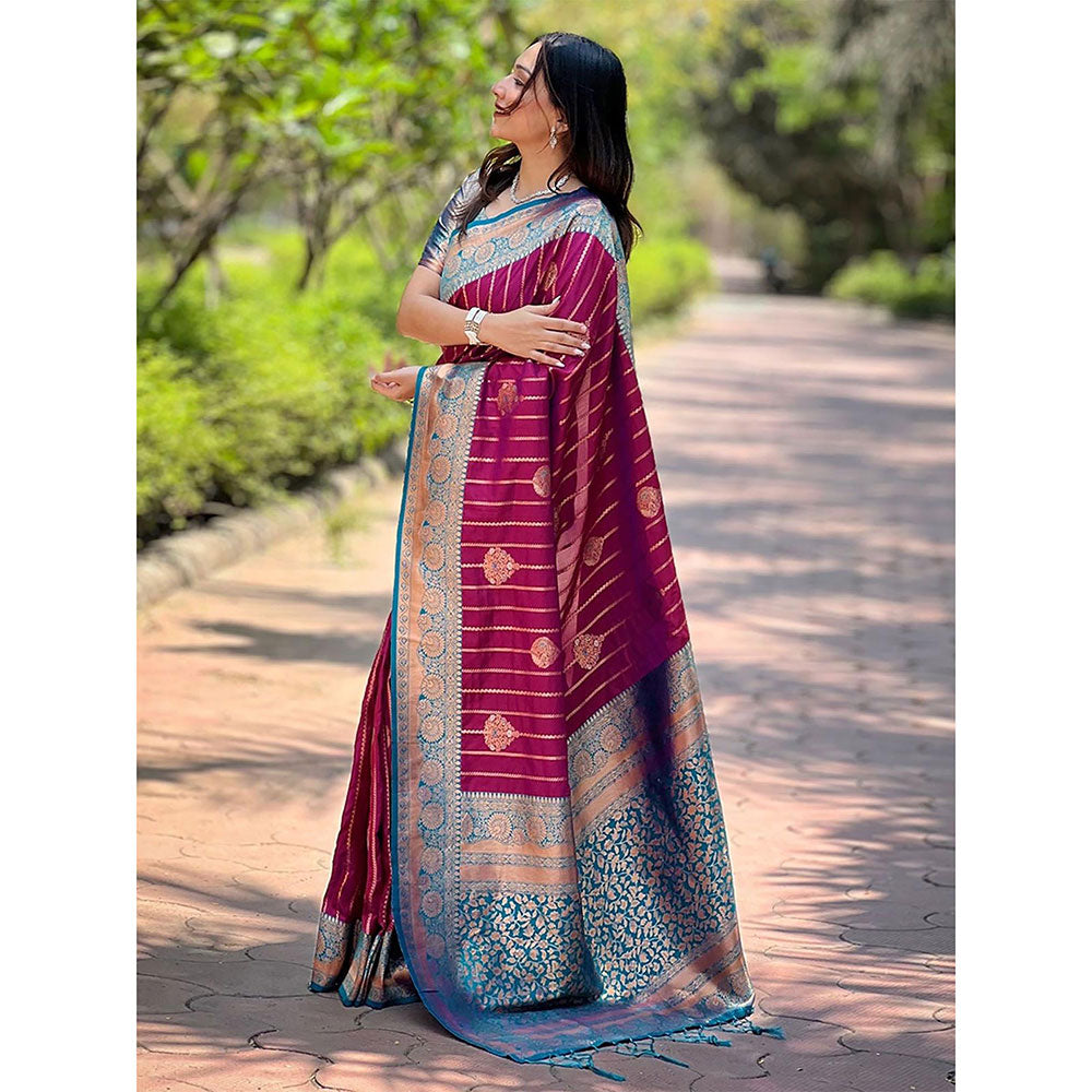 Odette Women Wine Woven Design Soft Silk Saree with Unstitched Blouse