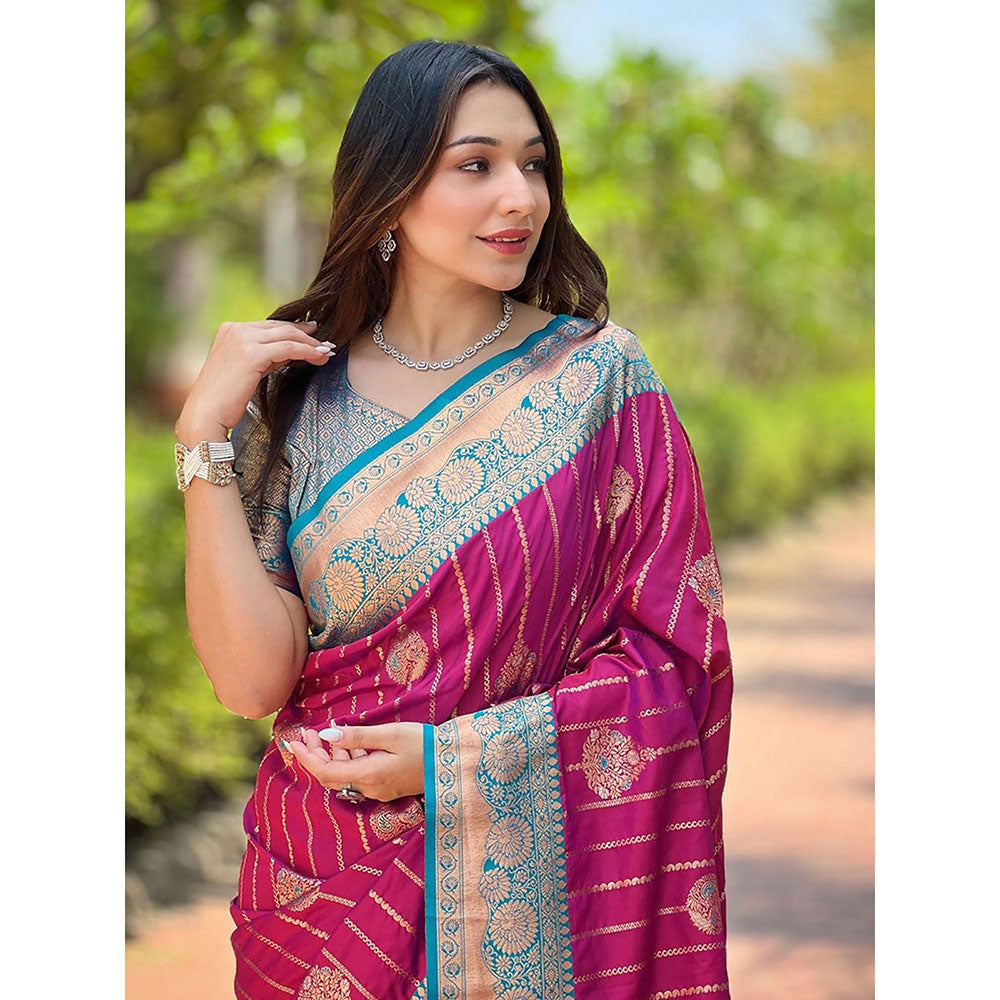 Odette Women Wine Woven Design Soft Silk Saree with Unstitched Blouse