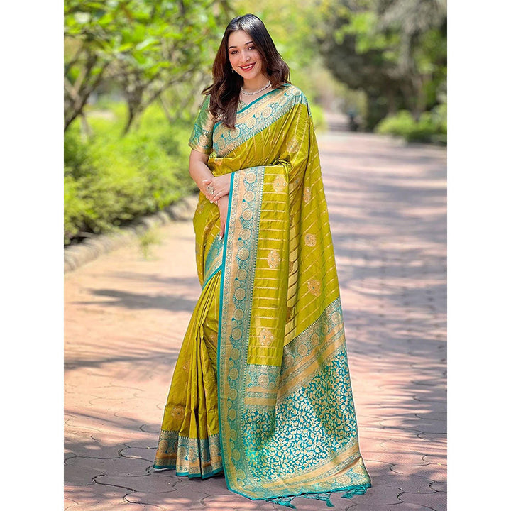 Odette Women Olive Woven Design Soft Silk Saree with Unstitched Blouse