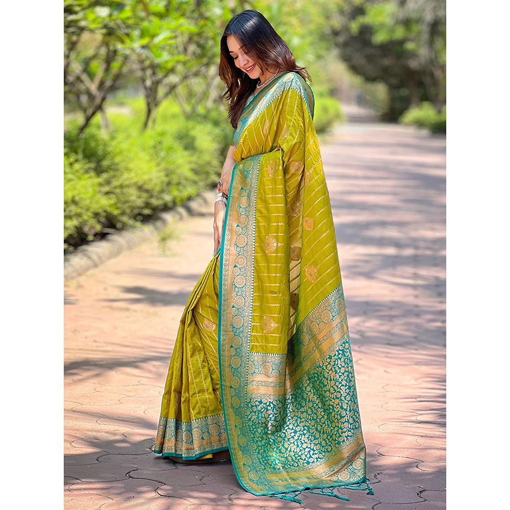 Odette Women Olive Woven Design Soft Silk Saree with Unstitched Blouse