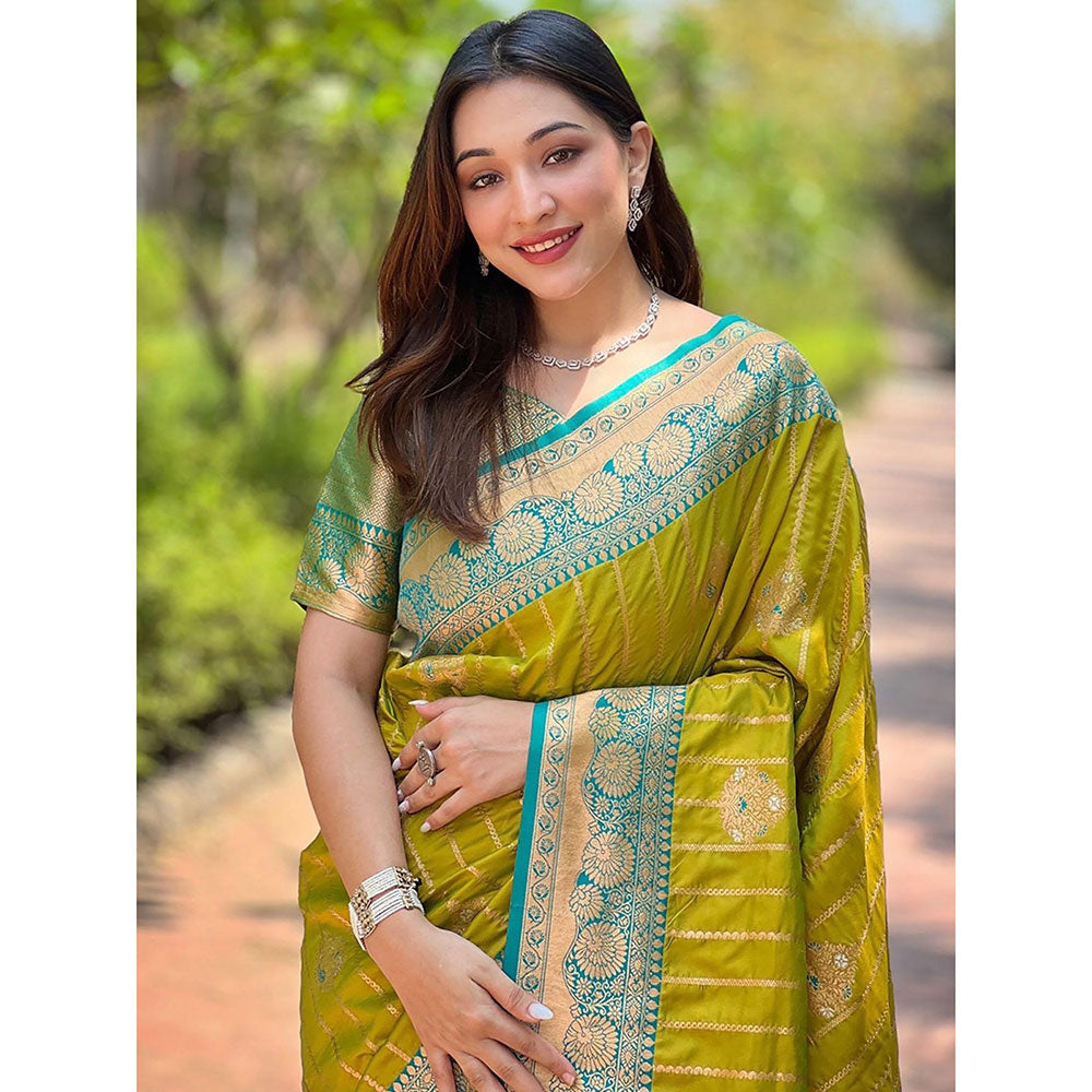 Odette Women Olive Woven Design Soft Silk Saree with Unstitched Blouse