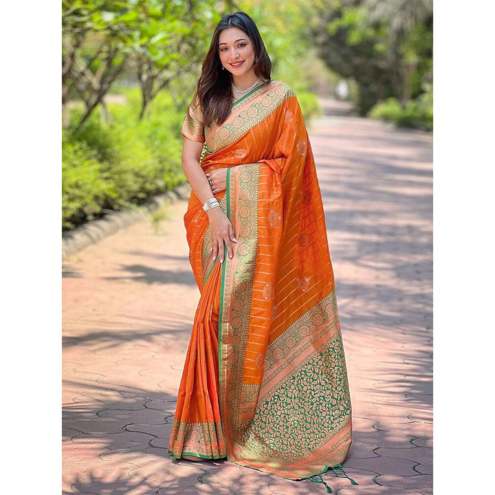 Odette Women Orange Woven Design Soft Silk Saree with Unstitched Blouse