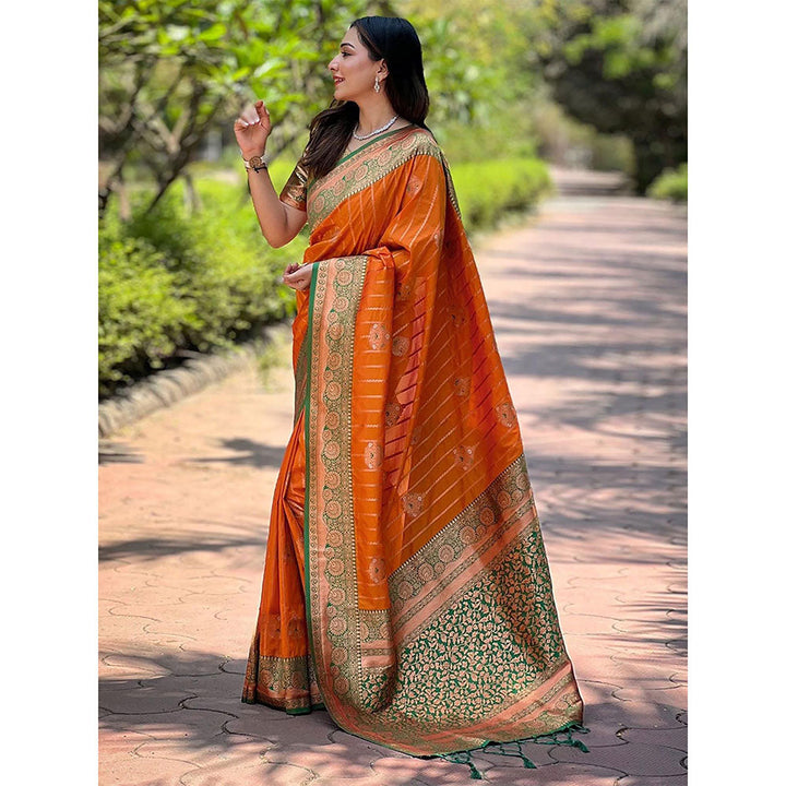 Odette Women Orange Woven Design Soft Silk Saree with Unstitched Blouse