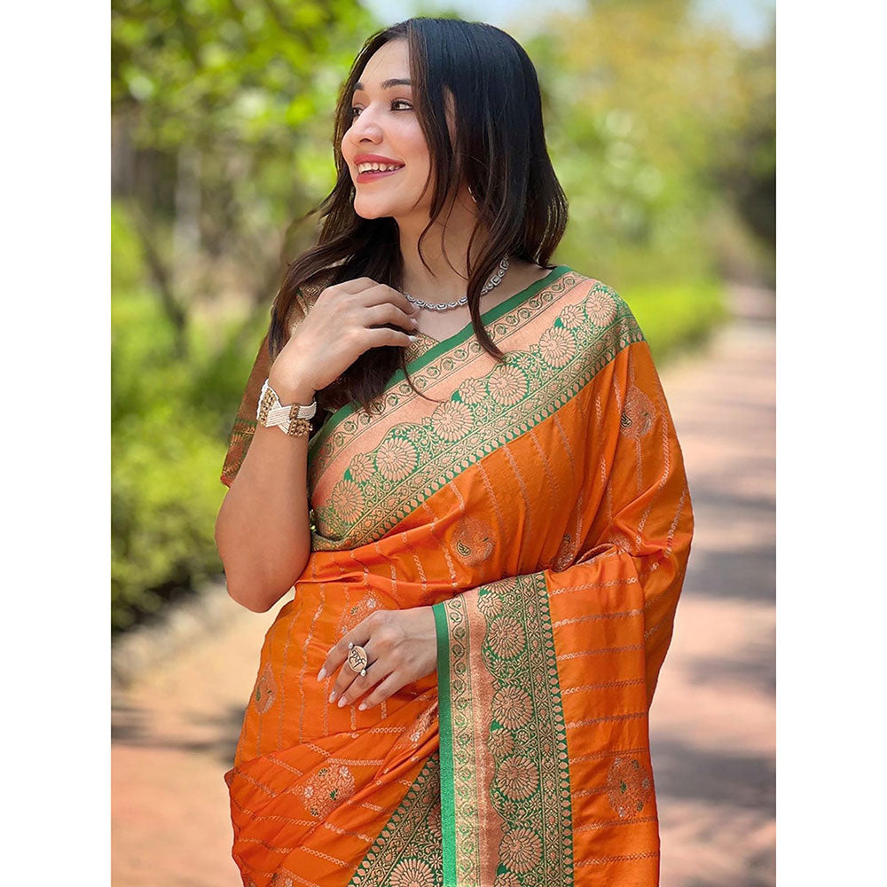 Odette Women Orange Woven Design Soft Silk Saree with Unstitched Blouse