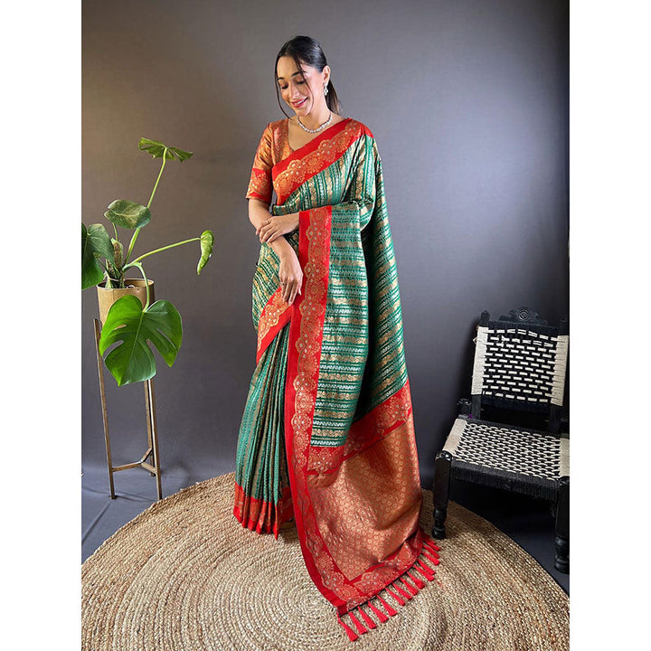 Odette Women Green Woven Tassels Design Soft Silk Saree with Unstitched Blouse