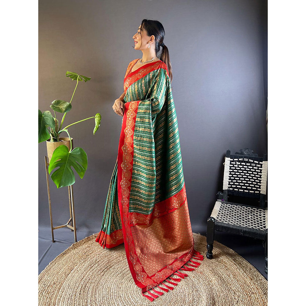 Odette Women Green Woven Tassels Design Soft Silk Saree with Unstitched Blouse