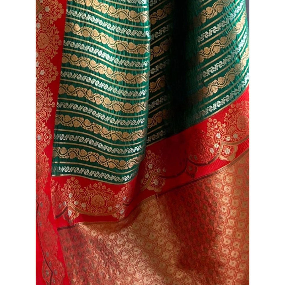 Odette Women Green Woven Tassels Design Soft Silk Saree with Unstitched Blouse