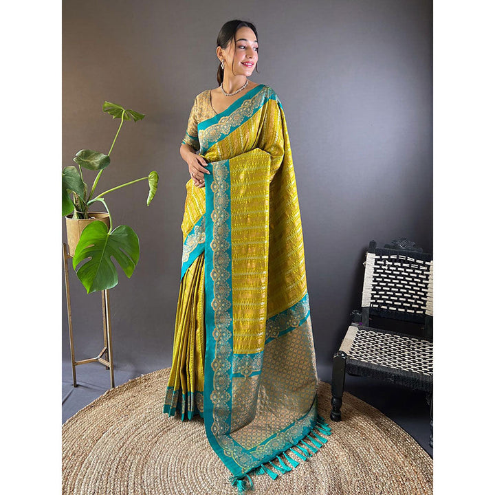 Odette Women Olive Woven Tassels Design Soft Silk Saree with Unstitched Blouse