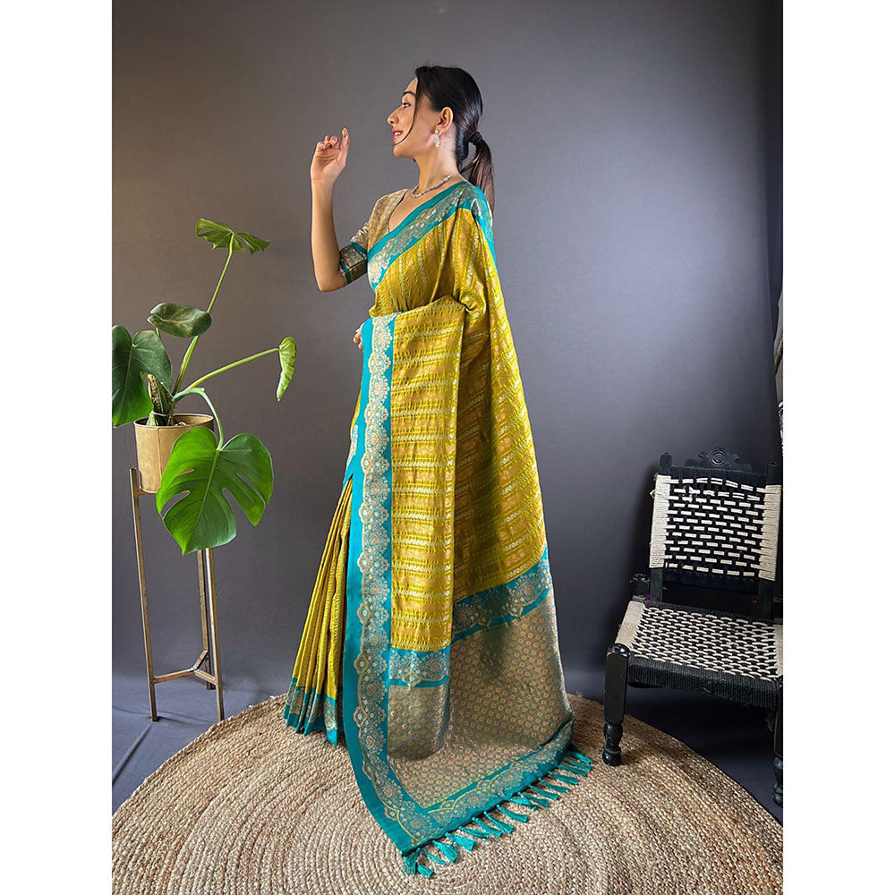 Odette Women Olive Woven Tassels Design Soft Silk Saree with Unstitched Blouse