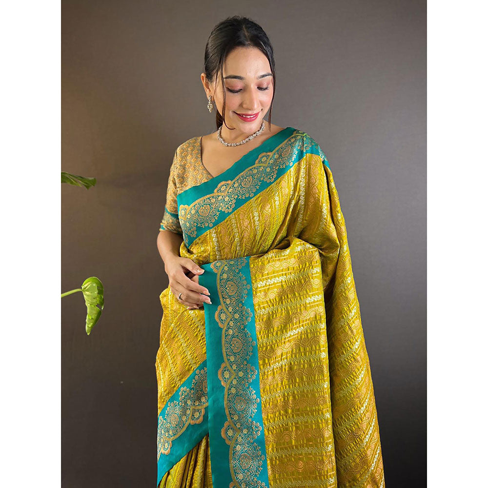 Odette Women Olive Woven Tassels Design Soft Silk Saree with Unstitched Blouse