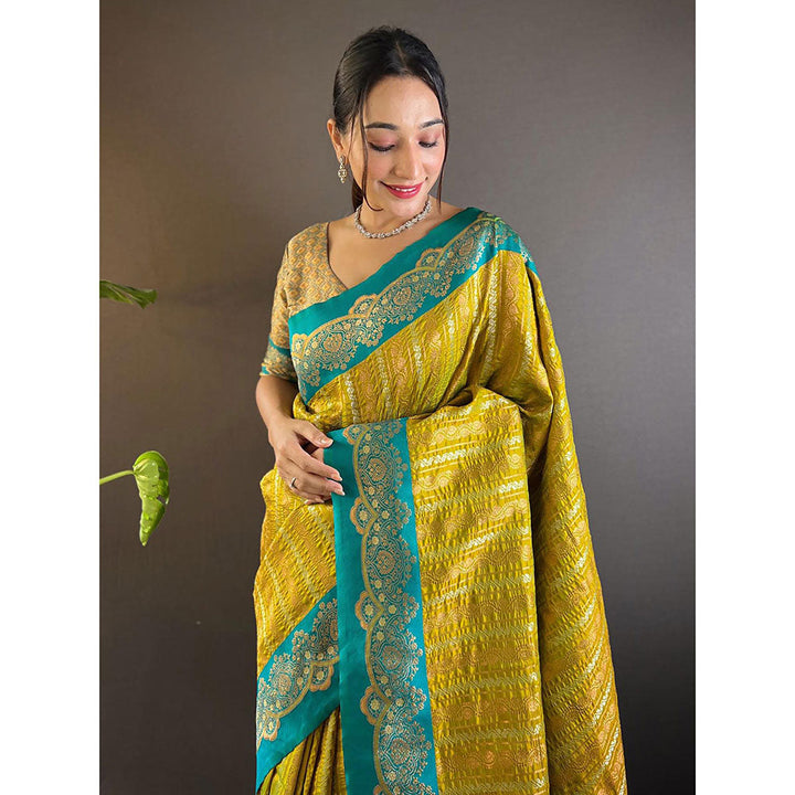 Odette Women Olive Woven Tassels Design Soft Silk Saree with Unstitched Blouse