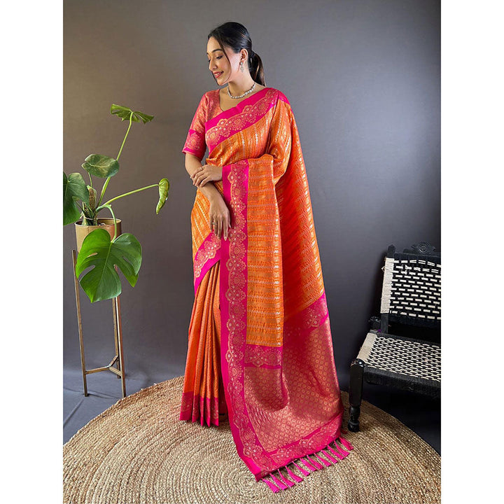 Odette Women Orange Woven Tassels Design Soft Silk Saree with Unstitched Blouse