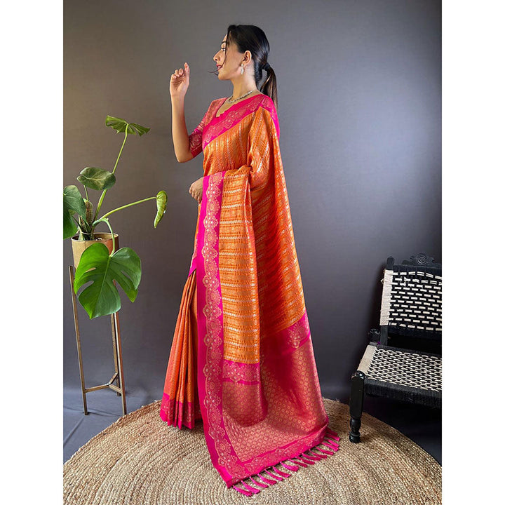 Odette Women Orange Woven Tassels Design Soft Silk Saree with Unstitched Blouse