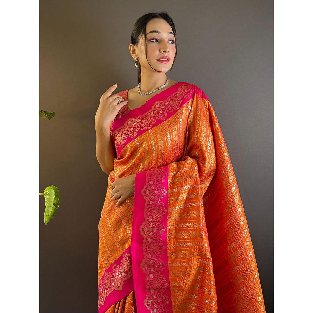 Odette Women Orange Woven Tassels Design Soft Silk Saree with Unstitched Blouse