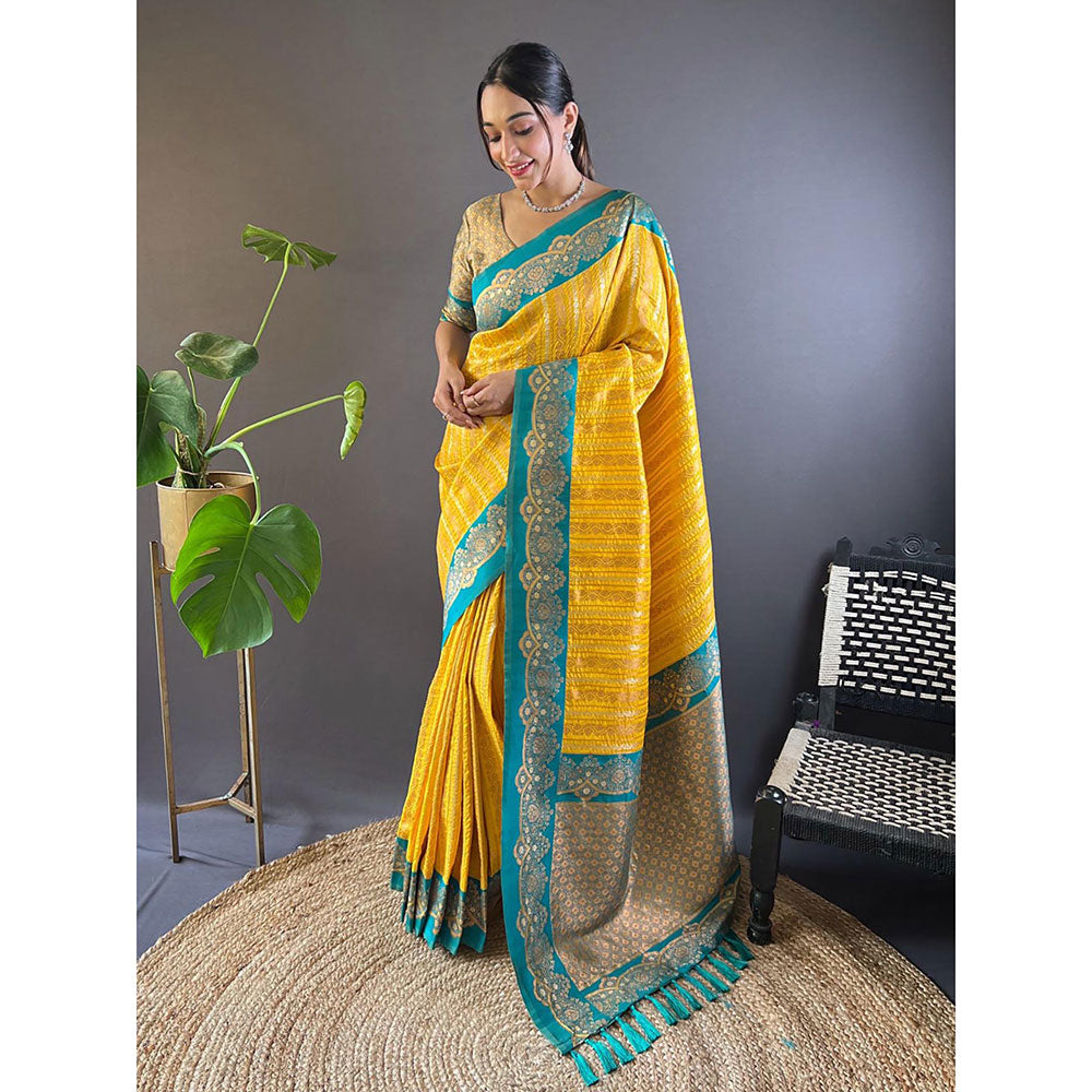 Odette Women Yellow Woven Tassels Design Soft Silk Saree with Unstitched Blouse