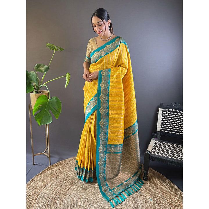 Odette Women Yellow Woven Tassels Design Soft Silk Saree with Unstitched Blouse