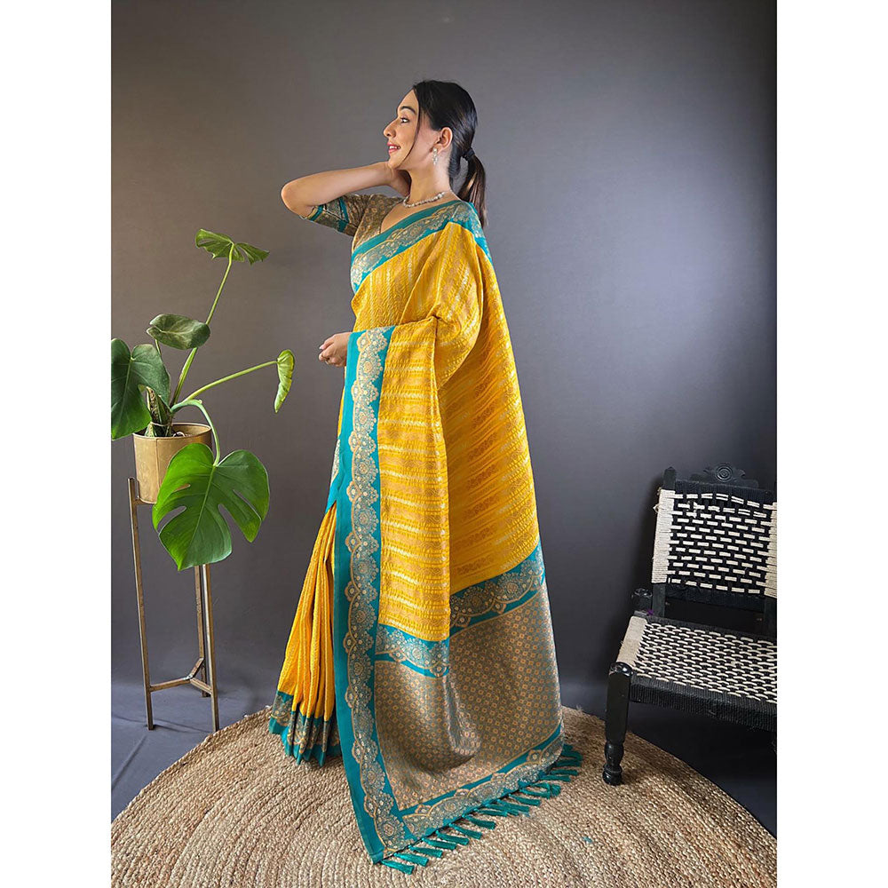 Odette Women Yellow Woven Tassels Design Soft Silk Saree with Unstitched Blouse