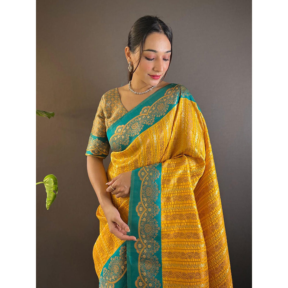 Odette Women Yellow Woven Tassels Design Soft Silk Saree with Unstitched Blouse