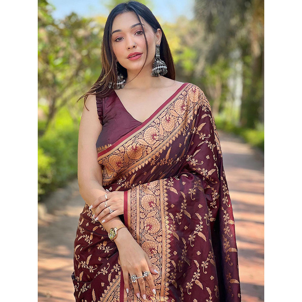 Odette Women Maroon Woven Design Silk Blend Saree with Unstitched Blouse