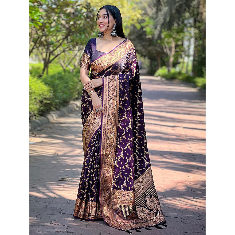 Odette Women Purple Woven Design Silk Blend Saree with Unstitched Blouse