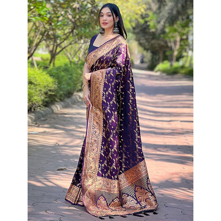 Odette Women Purple Woven Design Silk Blend Saree with Unstitched Blouse