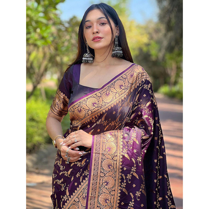 Odette Women Purple Woven Design Silk Blend Saree with Unstitched Blouse