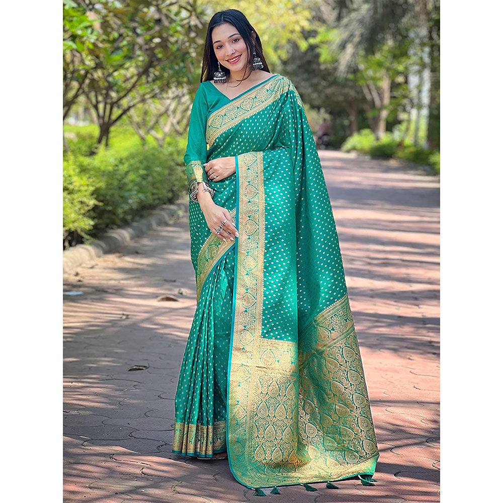 Odette Women Green Woven Design Silk Blend Saree with Unstitched Blouse