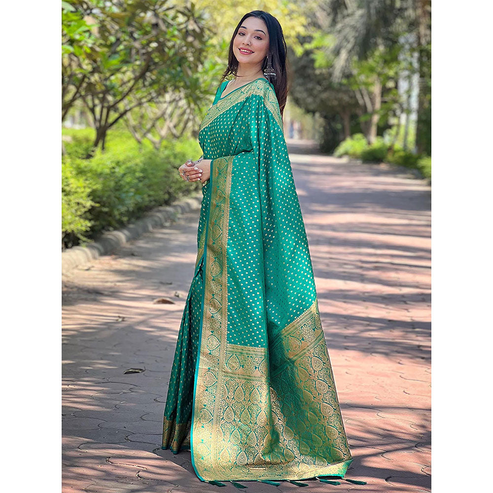 Odette Women Green Woven Design Silk Blend Saree with Unstitched Blouse