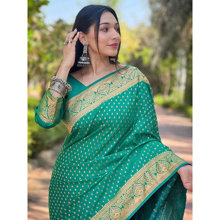 Odette Women Green Woven Design Silk Blend Saree with Unstitched Blouse