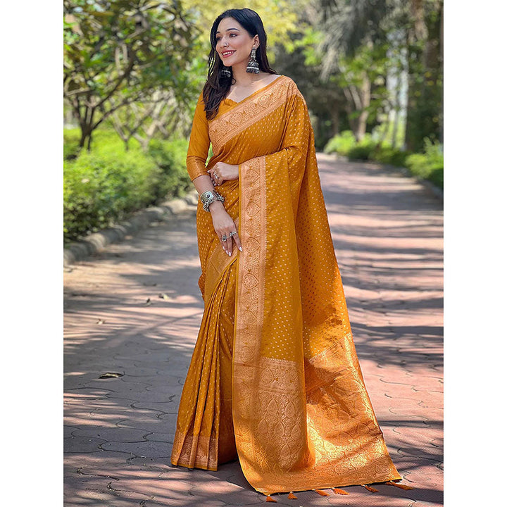 Odette Women Mustard Woven Design Silk Blend Saree with Unstitched Blouse