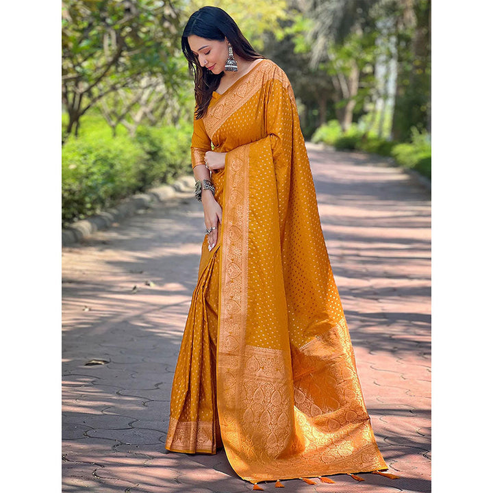 Odette Women Mustard Woven Design Silk Blend Saree with Unstitched Blouse