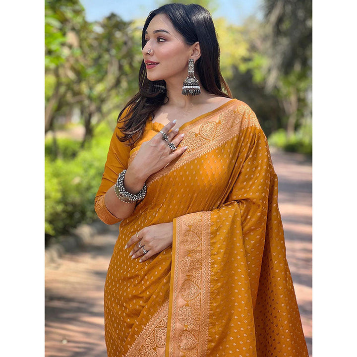 Odette Women Mustard Woven Design Silk Blend Saree with Unstitched Blouse