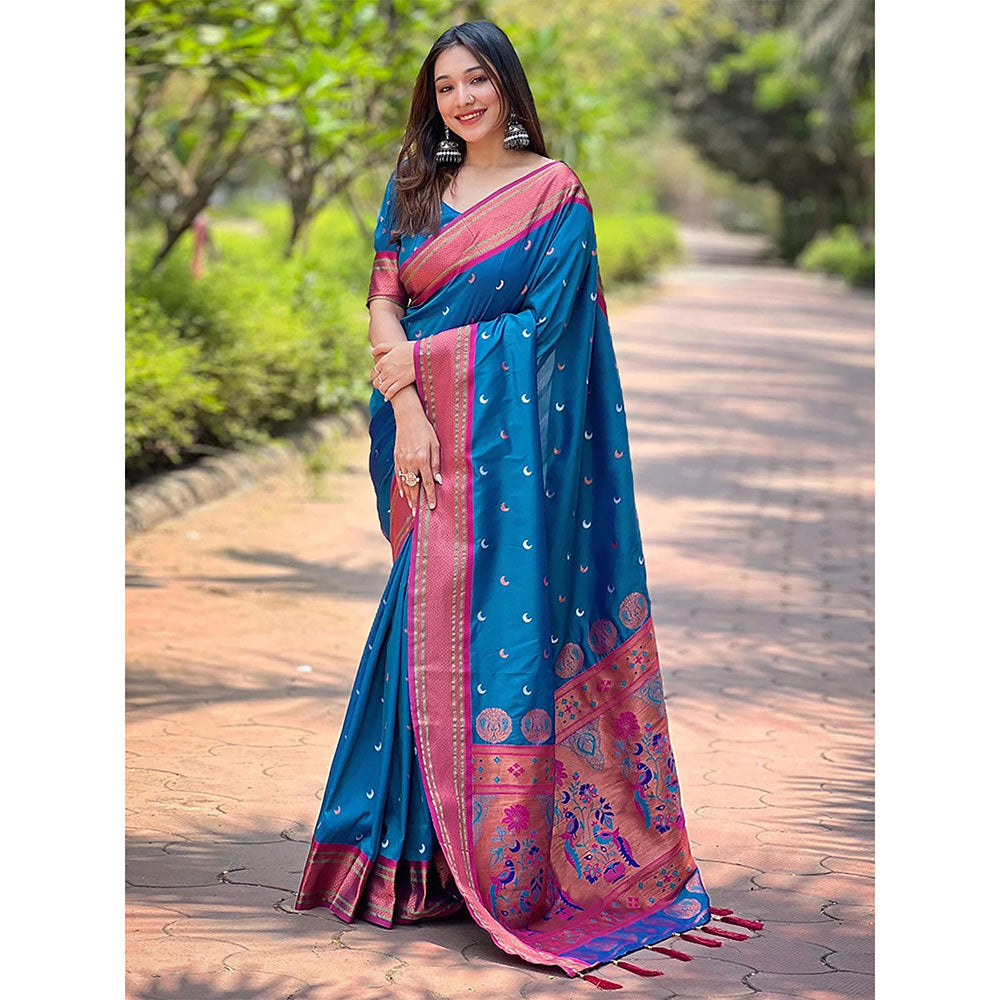 Odette Women Blue Woven Design Silk Blend Saree with Unstitched Blouse