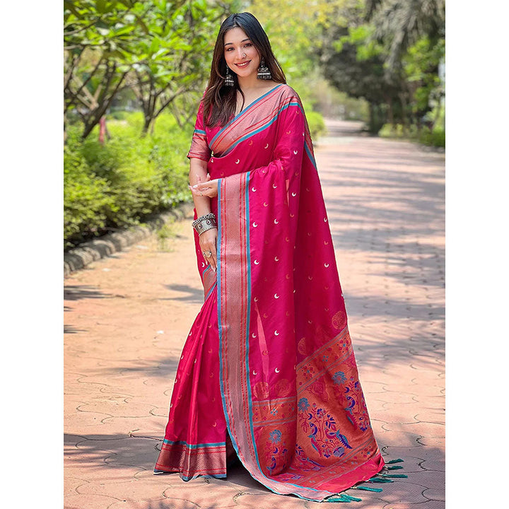 Odette Women Pink Woven Design Silk Blend Saree with Unstitched Blouse