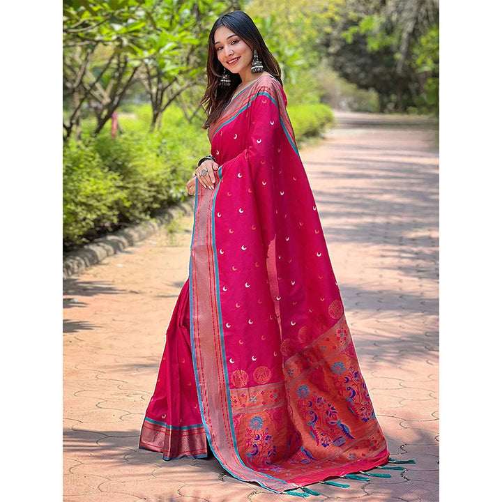 Odette Women Pink Woven Design Silk Blend Saree with Unstitched Blouse