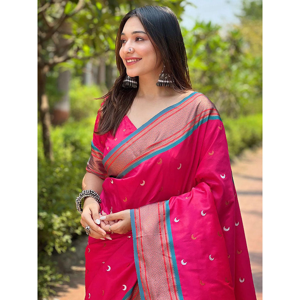 Odette Women Pink Woven Design Silk Blend Saree with Unstitched Blouse