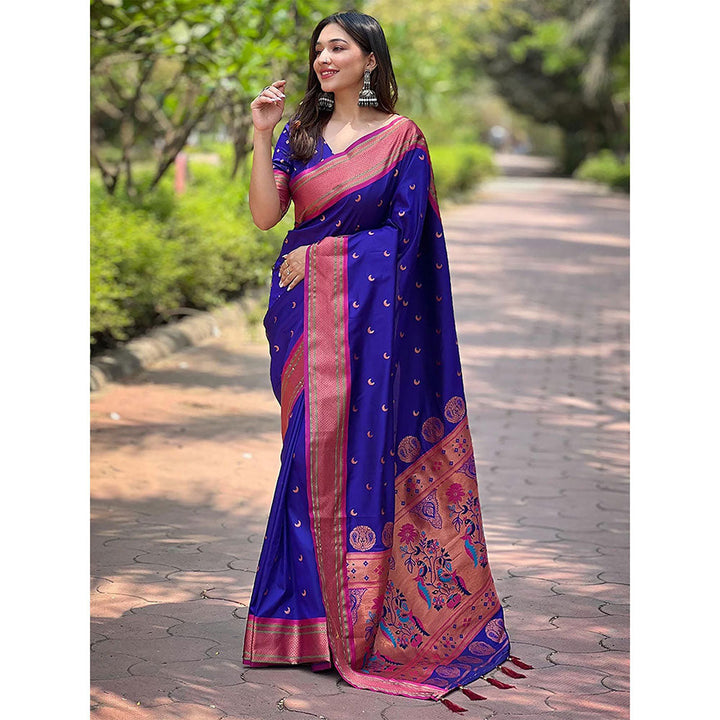 Odette Women Navy Blue Woven Design Silk Blend Saree with Unstitched Blouse