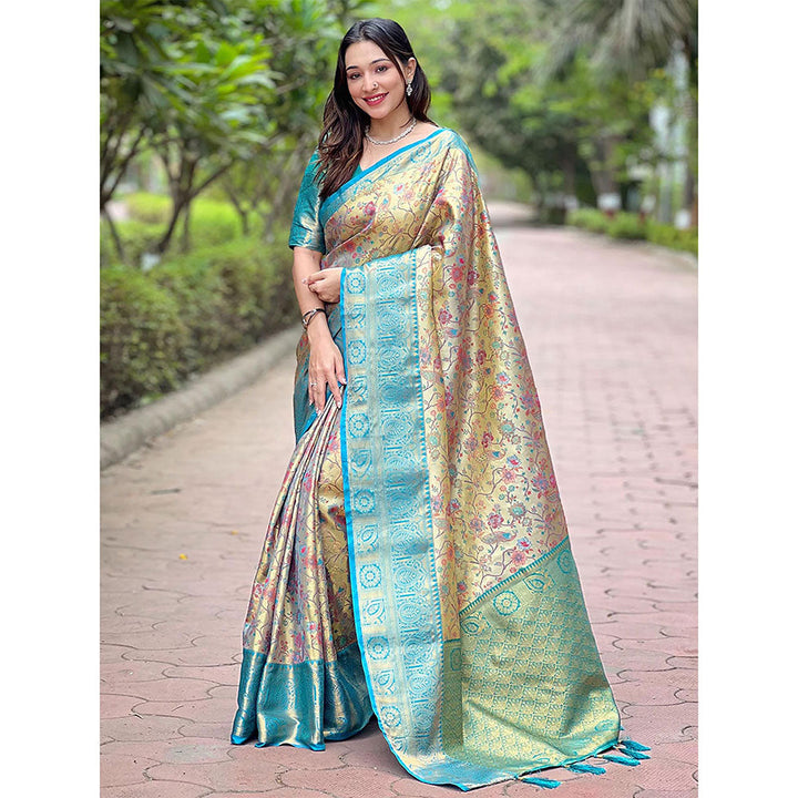 Odette Women Blue and Beige Floral Woven Silk Blend Saree with Unstitched Blouse