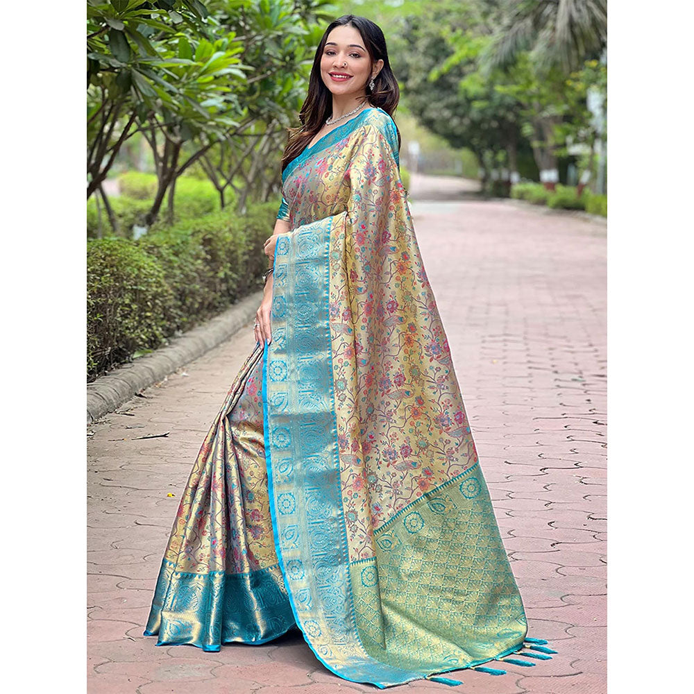 Odette Women Blue and Beige Floral Woven Silk Blend Saree with Unstitched Blouse