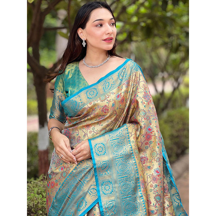 Odette Women Blue and Beige Floral Woven Silk Blend Saree with Unstitched Blouse