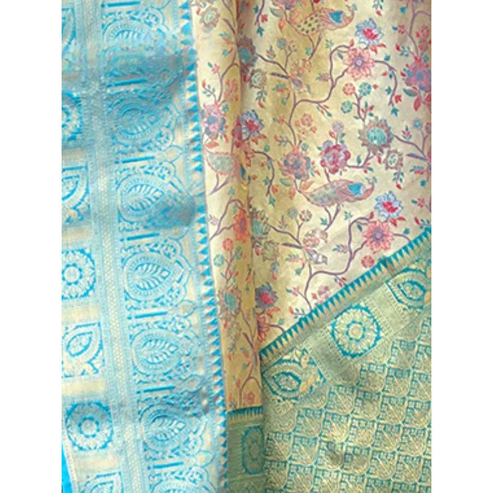 Odette Women Blue and Beige Floral Woven Silk Blend Saree with Unstitched Blouse