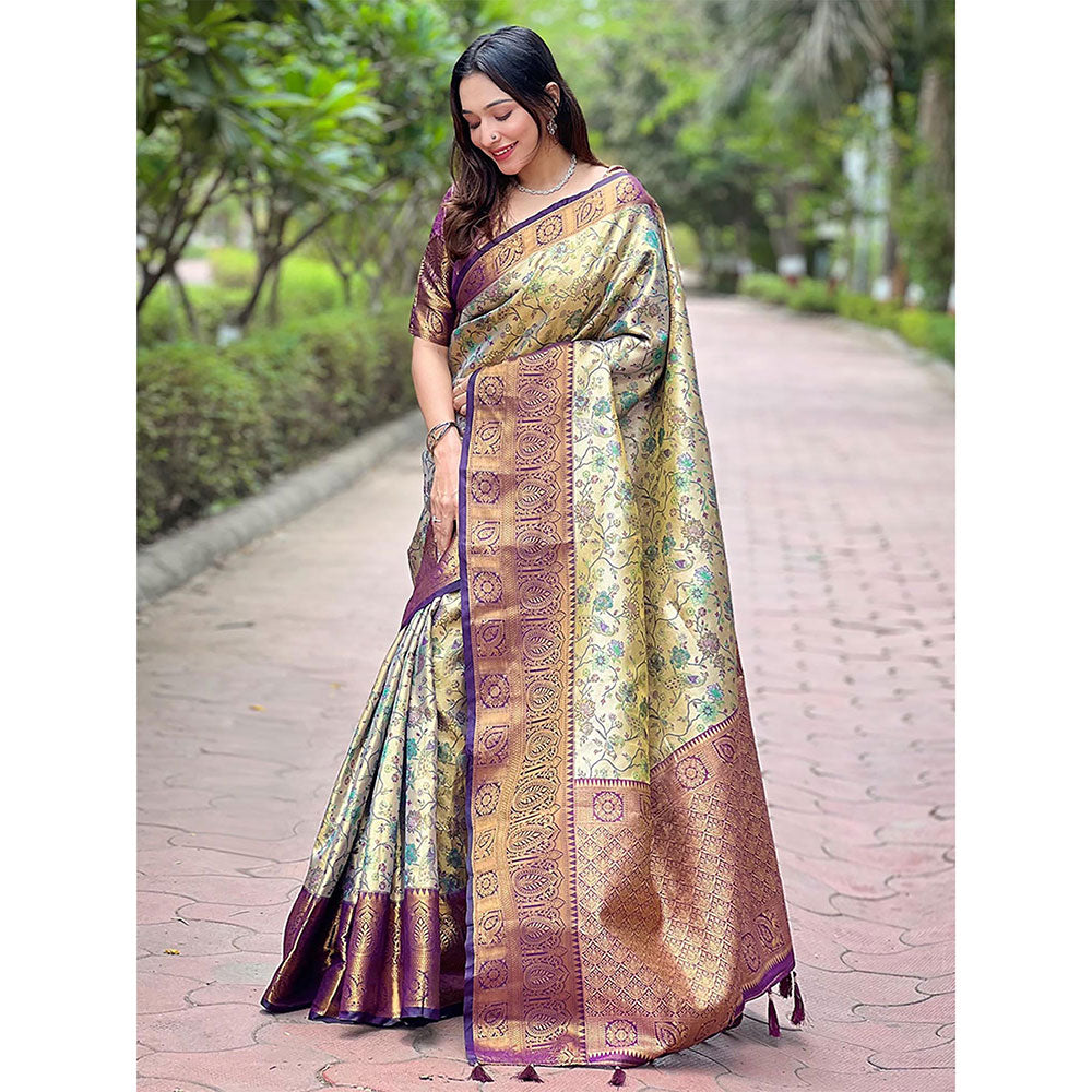 Odette Women Purple and Beige Floral Woven Silk Blend Saree with Unstitched Blouse