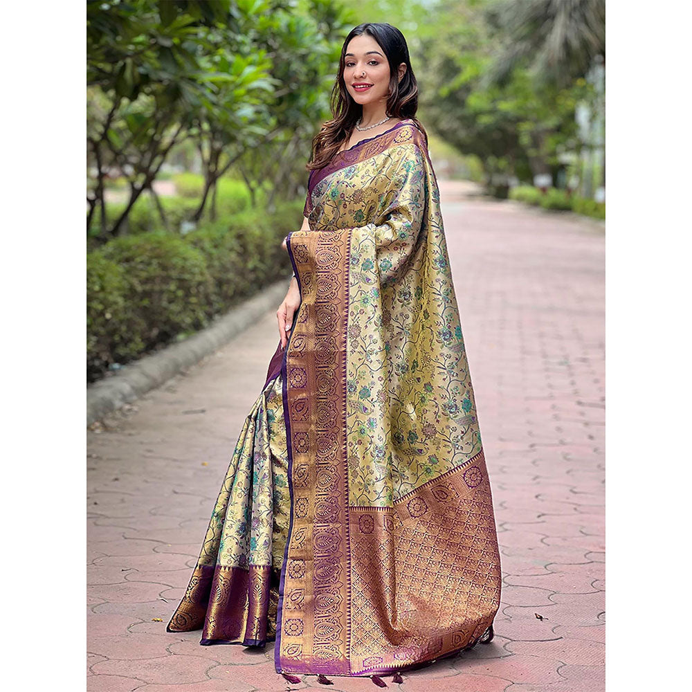 Odette Women Purple and Beige Floral Woven Silk Blend Saree with Unstitched Blouse