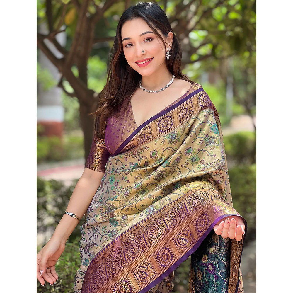 Odette Women Purple and Beige Floral Woven Silk Blend Saree with Unstitched Blouse