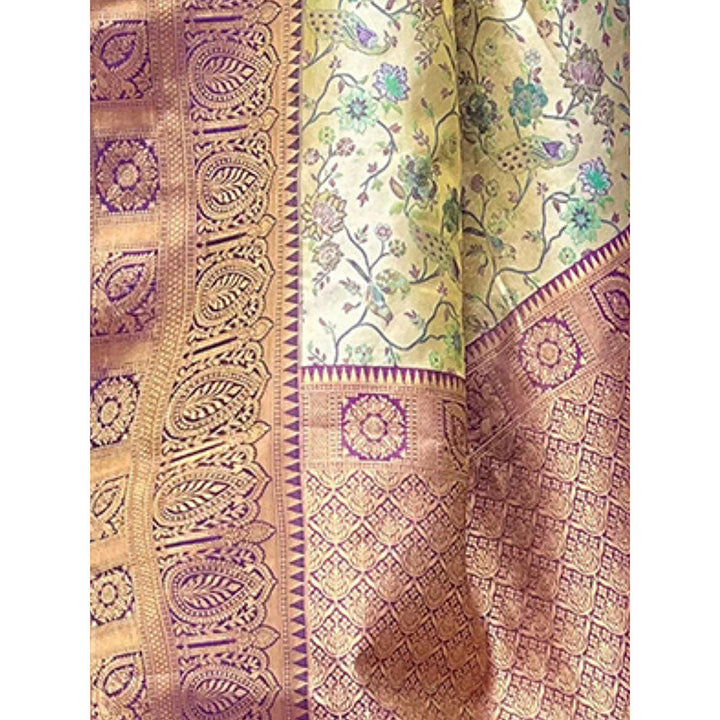 Odette Women Purple and Beige Floral Woven Silk Blend Saree with Unstitched Blouse